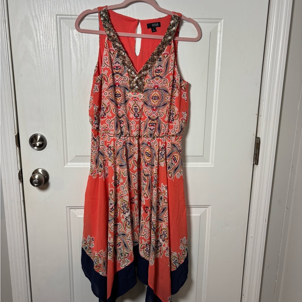 a.n.a Asymmetrical Paisley Dress in Orange and Navy